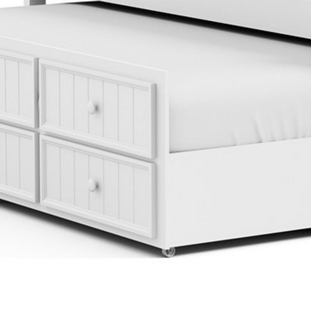Benjara Toli Twin Captain Bed w Trundle, Drawers, White Curved Panel Headboard