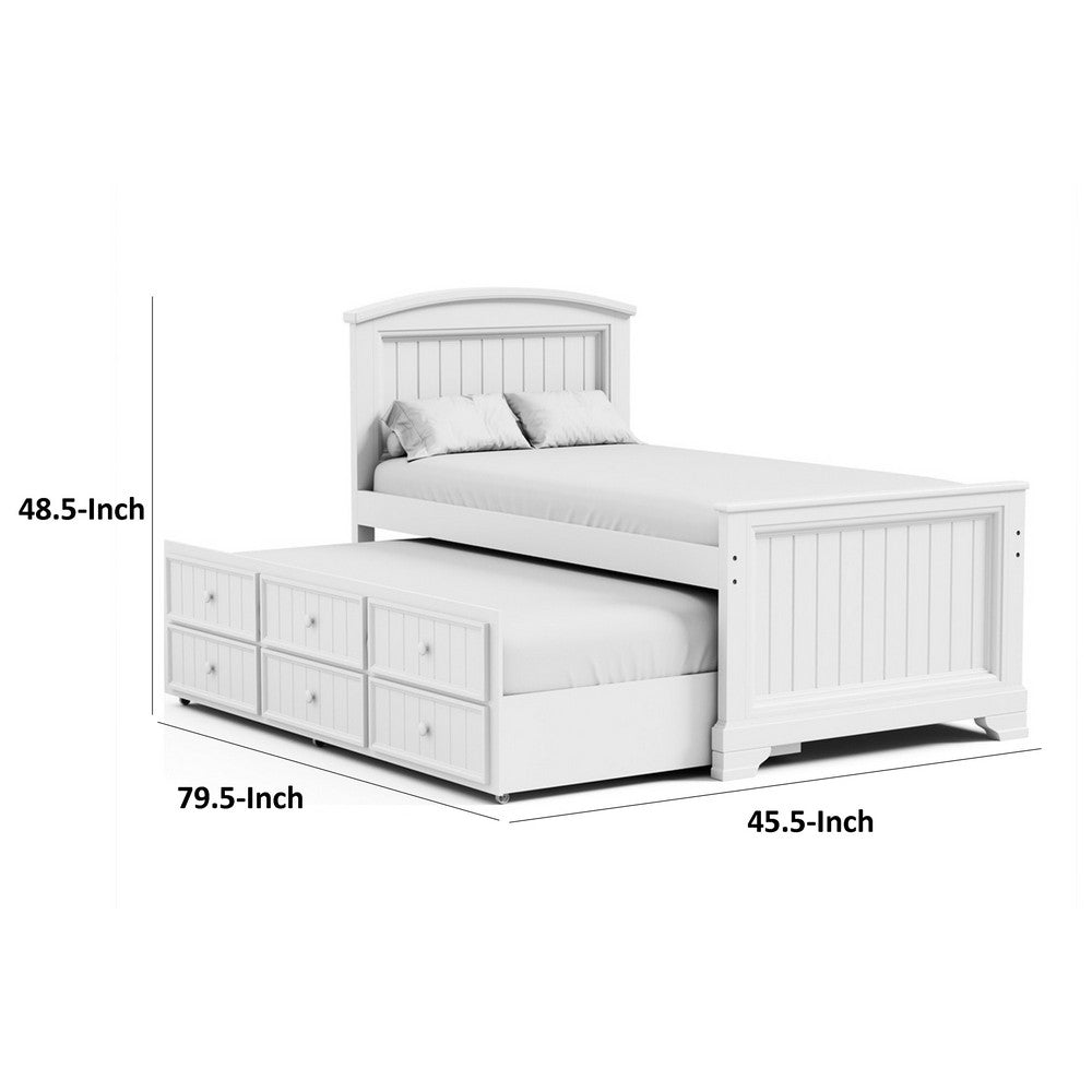 Benjara Toli Twin Captain Bed w Trundle, Drawers, White Curved Panel Headboard