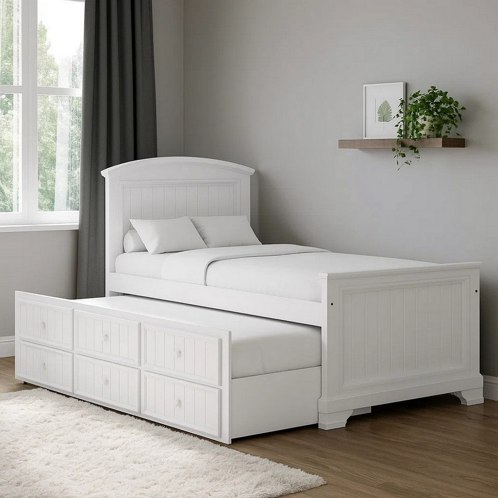Benjara Toli Twin Captain Bed w Trundle, Drawers, White Curved Panel Headboard
