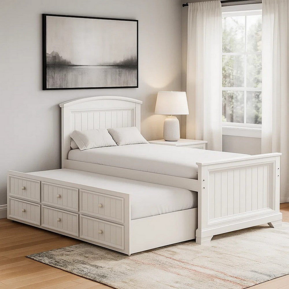 Benjara Toli Twin Captain Bed w Trundle, Drawers, White Curved Panel Headboard