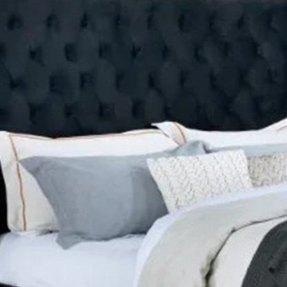 Benjara Hiu Queen Size Bed, Wingback Headboard in Black Velvet Like Upholstery