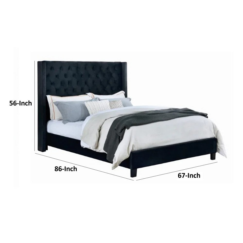 Benjara Hiu Queen Size Bed, Wingback Headboard in Black Velvet Like Upholstery