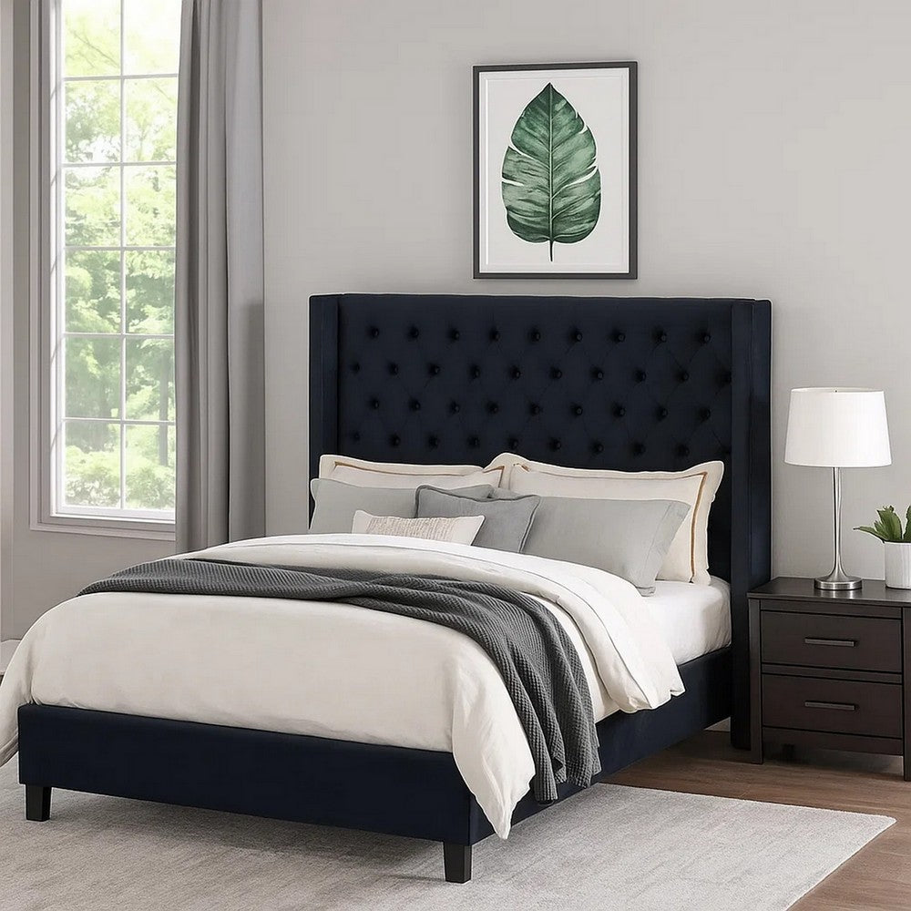 Benjara Hiu Queen Size Bed, Wingback Headboard in Black Velvet Like Upholstery