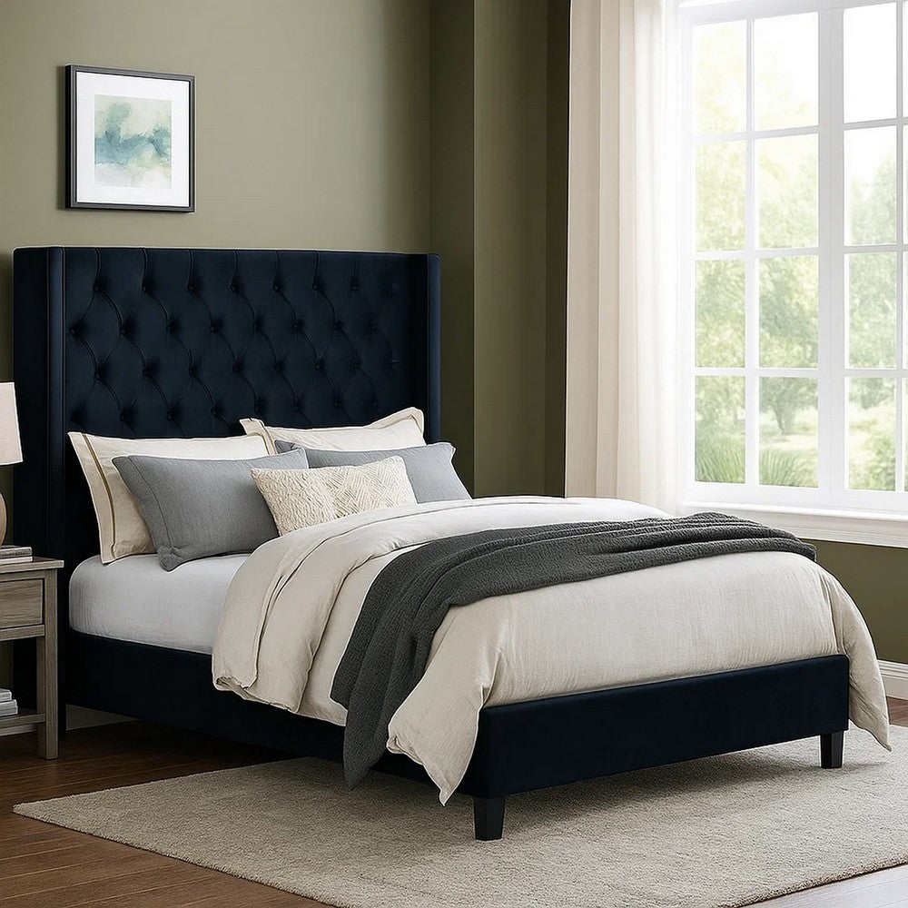 Benjara Hiu Queen Size Bed, Wingback Headboard in Black Velvet Like Upholstery