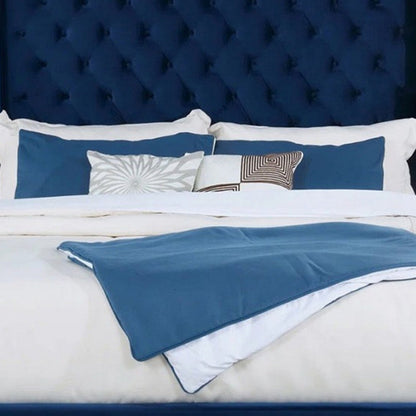 Benjara Hiu Queen Size Bed, Wingback Headboard, Navy Blue Velvet Like Upholstery