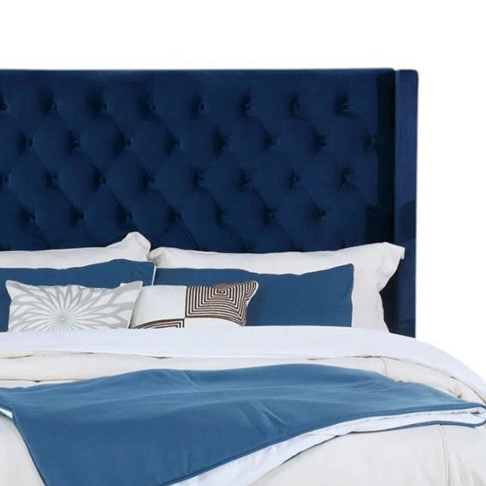 Benjara Hiu Queen Size Bed, Wingback Headboard, Navy Blue Velvet Like Upholstery