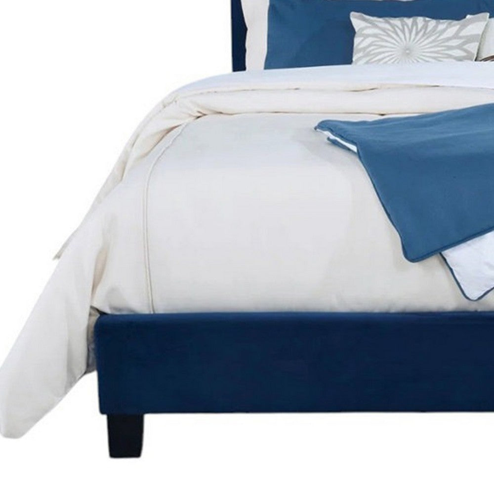 Benjara Hiu Queen Size Bed, Wingback Headboard, Navy Blue Velvet Like Upholstery