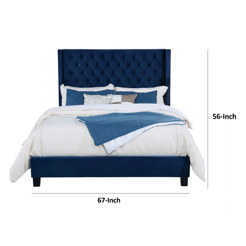 Benjara Hiu Queen Size Bed, Wingback Headboard, Navy Blue Velvet Like Upholstery