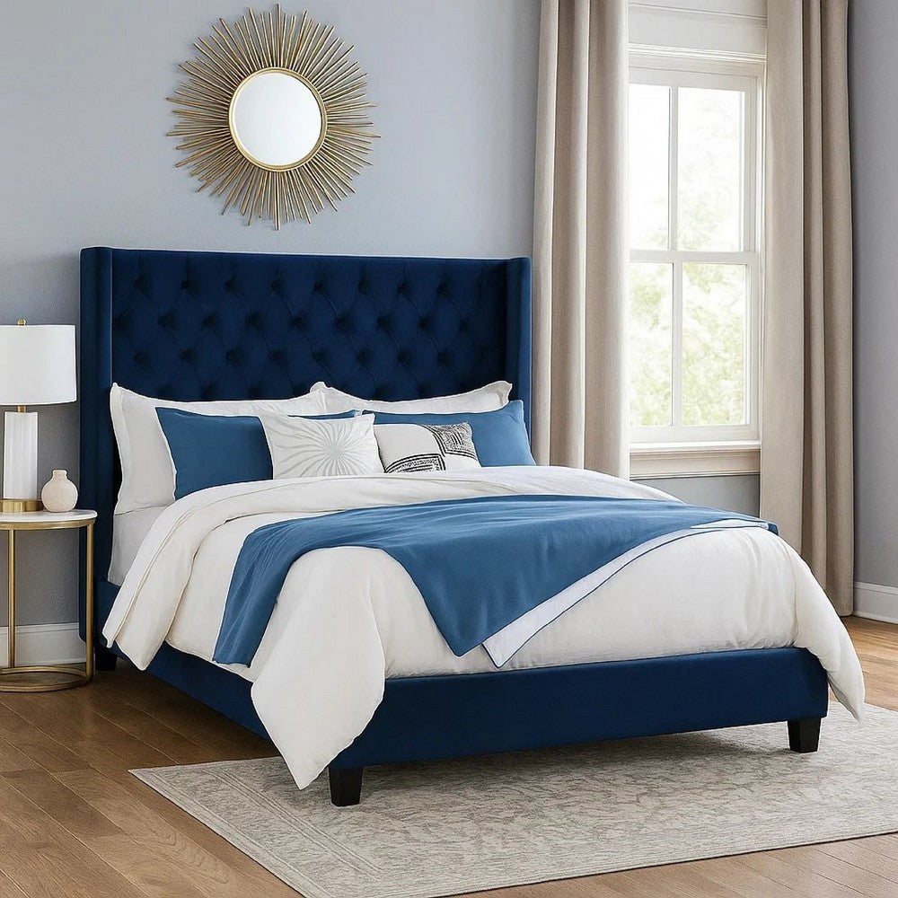 Benjara Hiu Queen Size Bed, Wingback Headboard, Navy Blue Velvet Like Upholstery