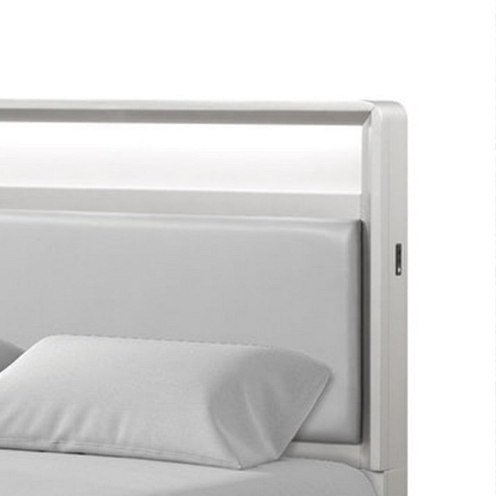 Benjara Broy Full Size Bed w LED Bookcase Headboard, Champagne Silver Veneer