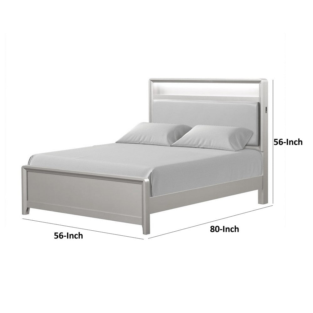Benjara Broy Full Size Bed w LED Bookcase Headboard, Champagne Silver Veneer