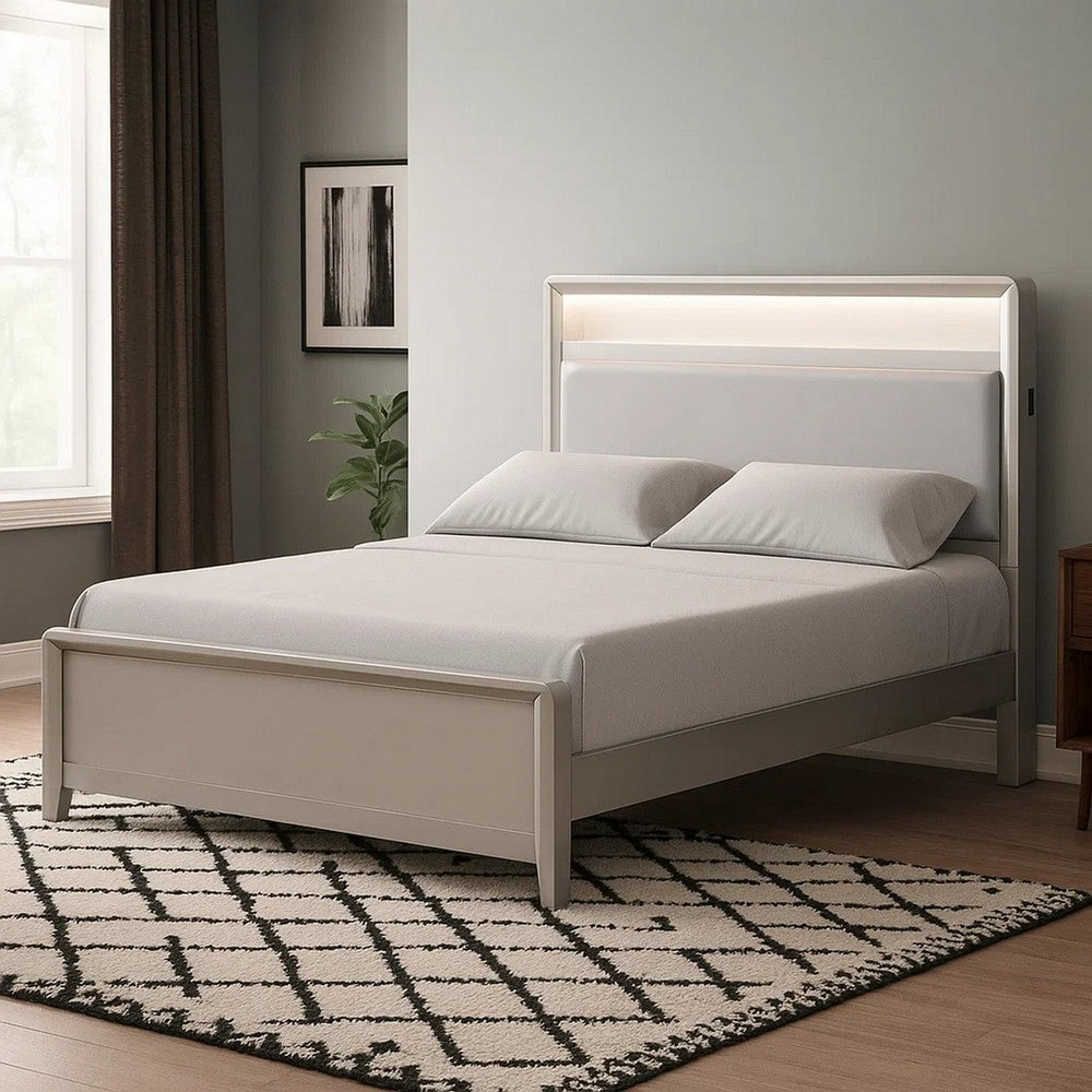 Benjara Broy Full Size Bed w LED Bookcase Headboard, Champagne Silver Veneer
