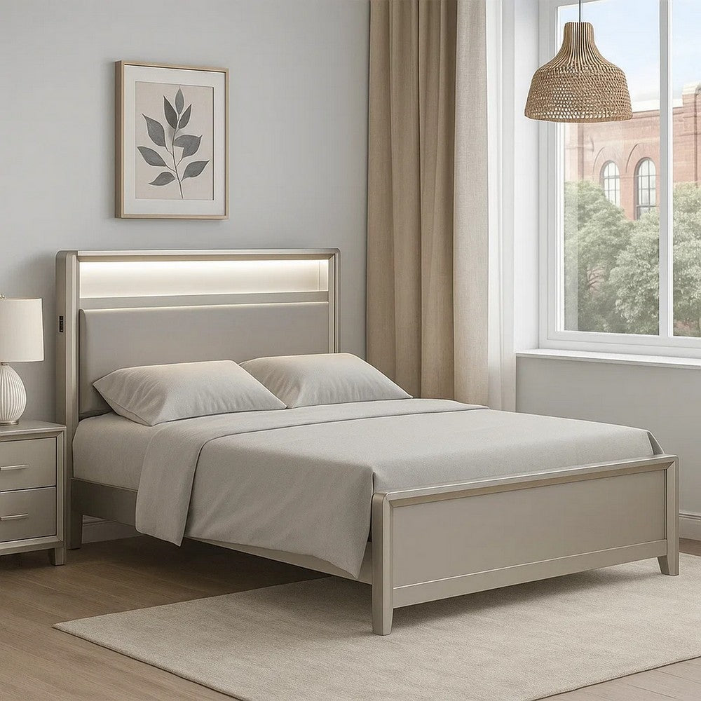 Benjara Broy Full Size Bed w LED Bookcase Headboard, Champagne Silver Veneer