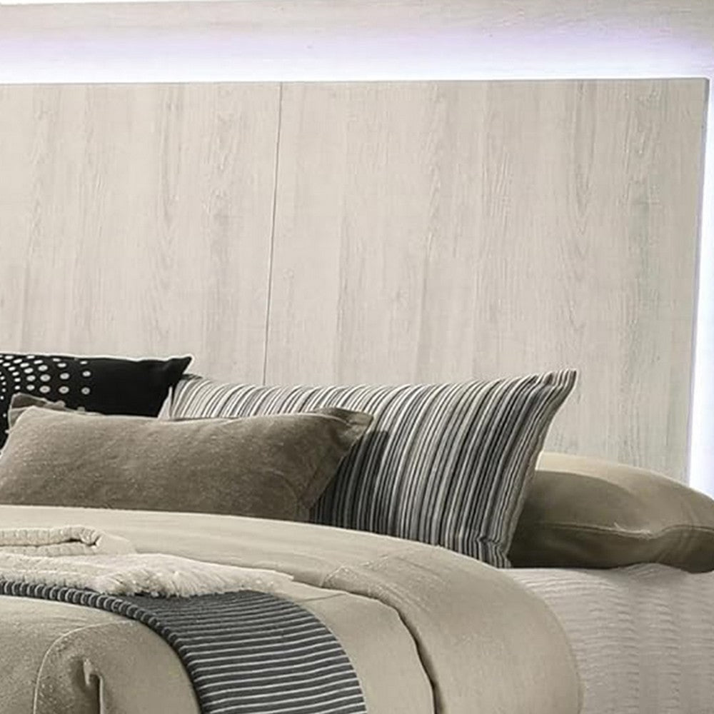 Benjara Hyao Full Size Bed w LED Headboard, Antique White Wash Finsih