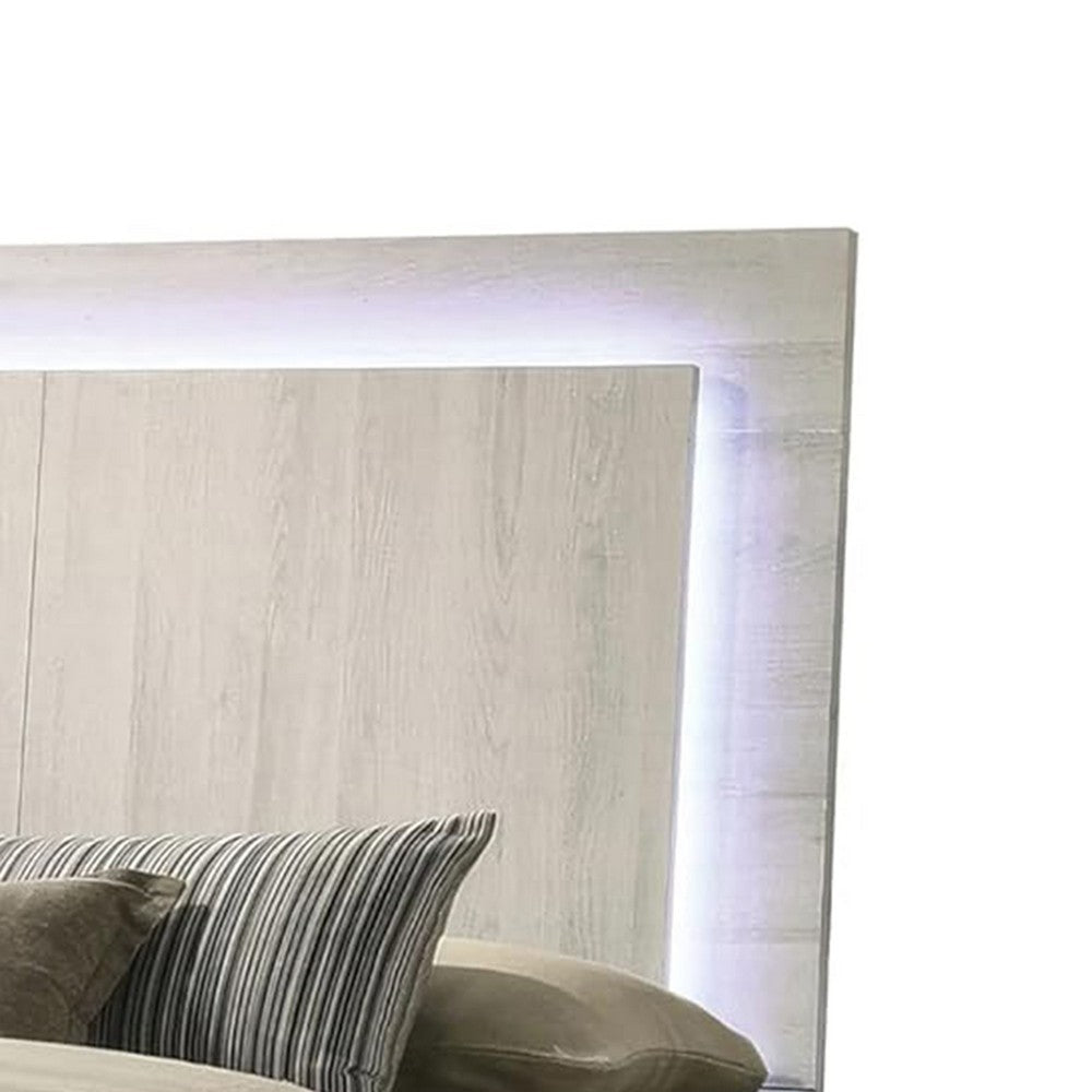 Benjara Hyao Full Size Bed w LED Headboard, Antique White Wash Finsih