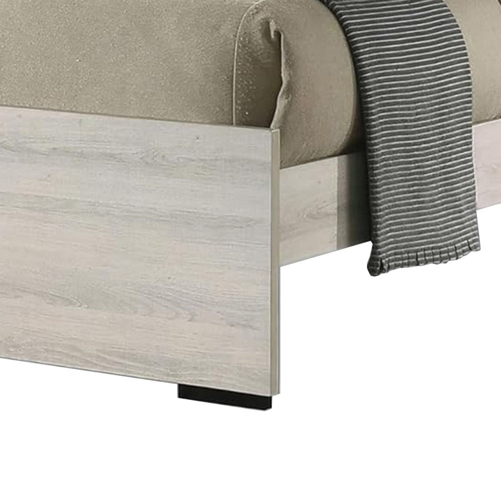 Benjara Hyao Full Size Bed w LED Headboard, Antique White Wash Finsih