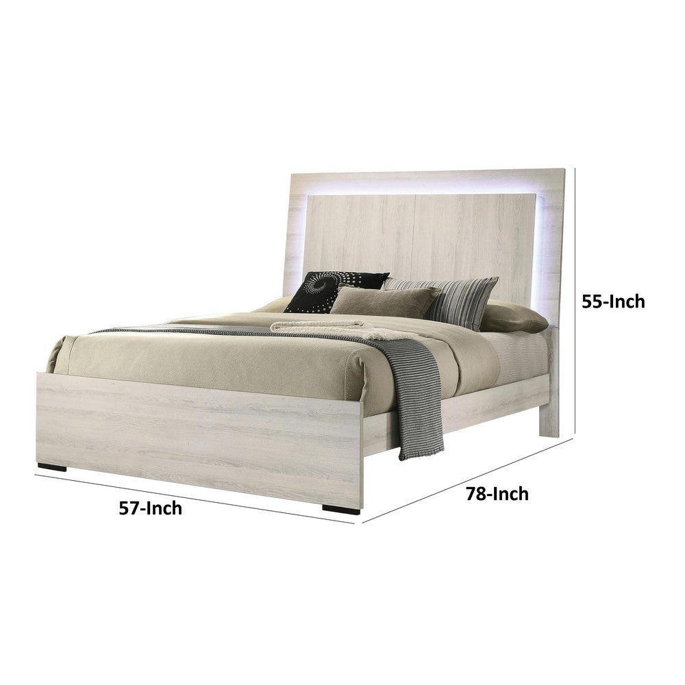 Benjara Hyao Full Size Bed w LED Headboard, Antique White Wash Finsih