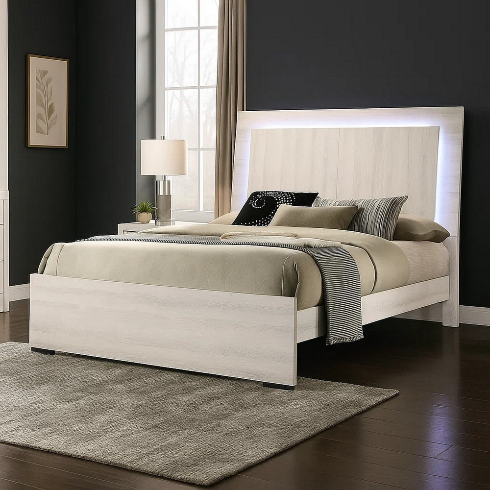Benjara Hyao Queen Size Bed w LED on Headboard, Antique White Wash Finsih