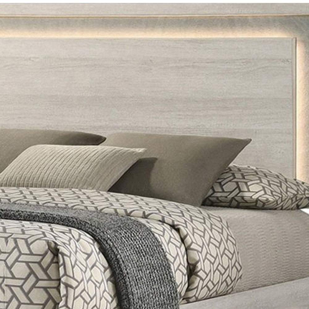 Benjara Nomi Queen Size Bed w LED on Headboard, Antique White Wash Finsih