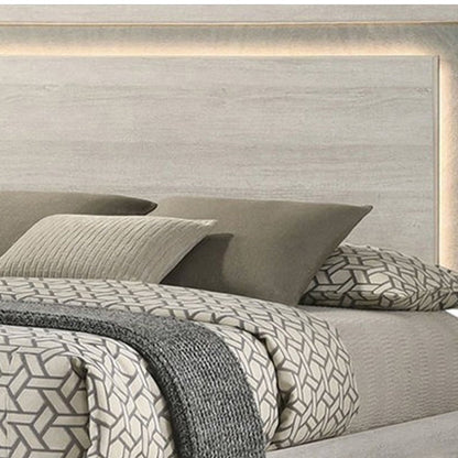 Benjara Nomi Queen Size Bed w LED on Headboard, Antique White Wash Finsih