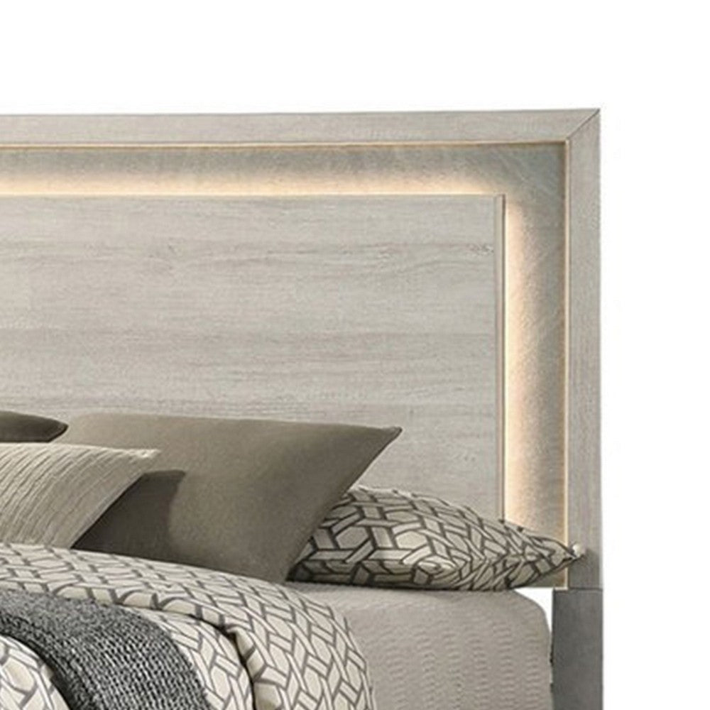 Benjara Nomi Queen Size Bed w LED on Headboard, Antique White Wash Finsih
