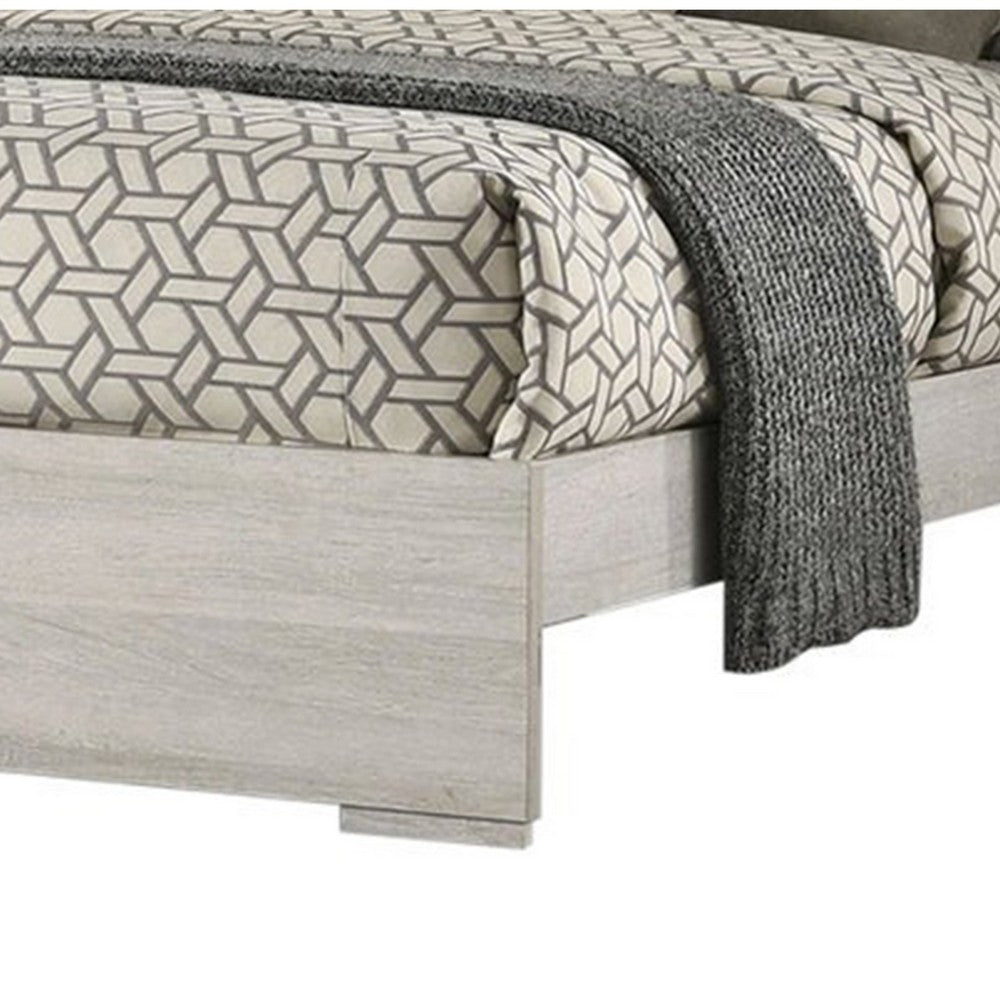 Benjara Nomi Queen Size Bed w LED on Headboard, Antique White Wash Finsih