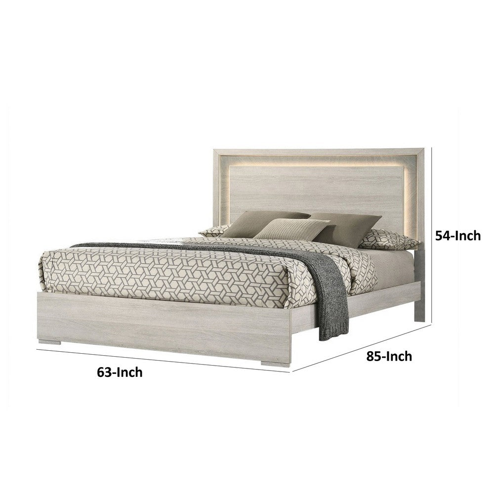 Benjara Nomi Queen Size Bed w LED on Headboard, Antique White Wash Finsih