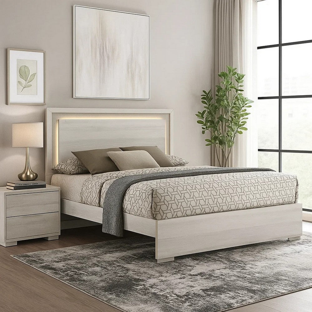 Benjara Nomi Queen Size Bed w LED on Headboard, Antique White Wash Finsih