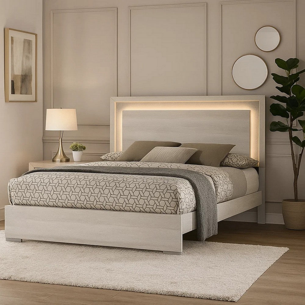 Benjara Nomi Queen Size Bed w LED on Headboard, Antique White Wash Finsih