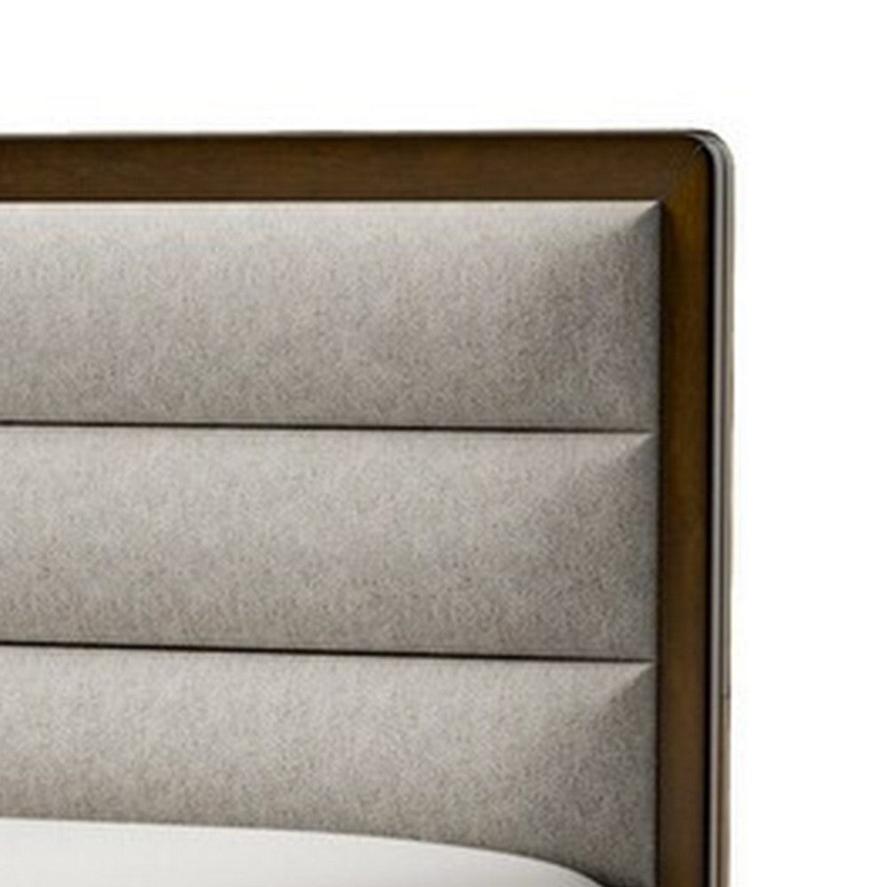 Benjara Cair Queen Bed, Channel Tufted Light Gray Fabric Upholstered, Brown