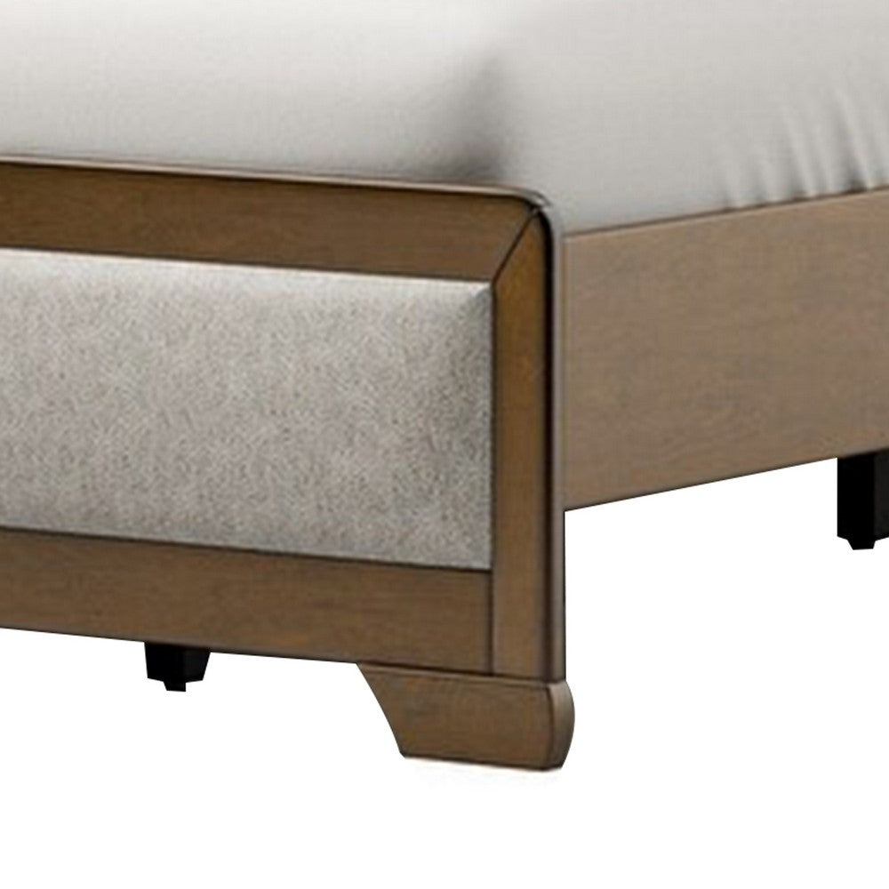 Benjara Cair Queen Bed, Channel Tufted Light Gray Fabric Upholstered, Brown