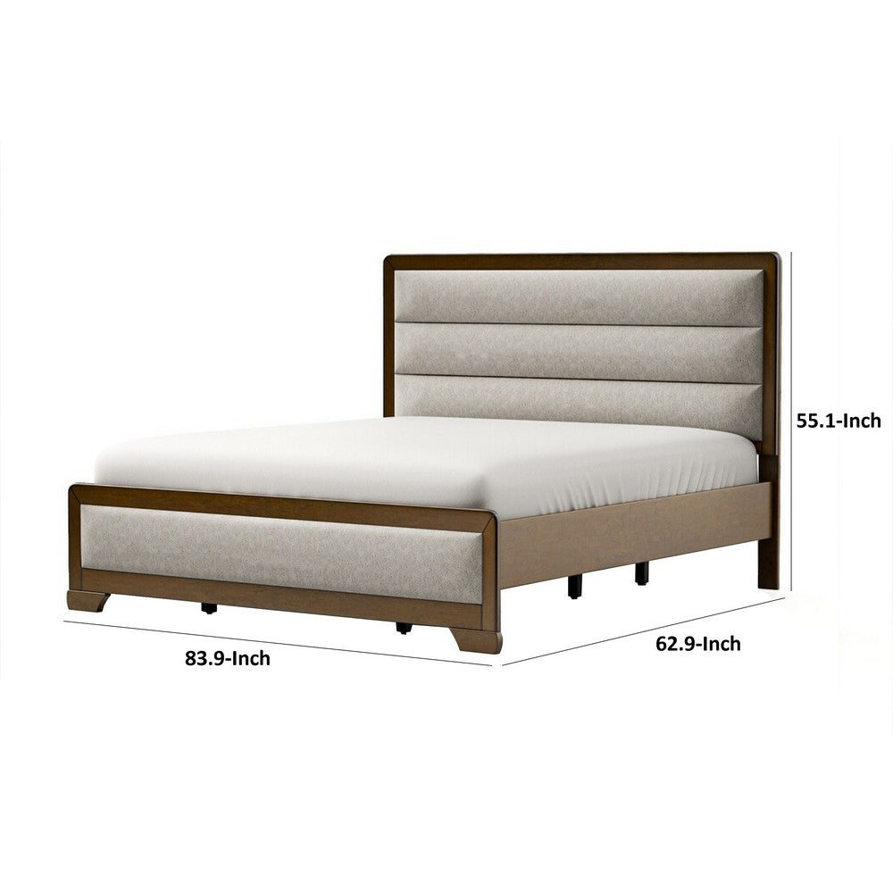 Benjara Cair Queen Bed, Channel Tufted Light Gray Fabric Upholstered, Brown
