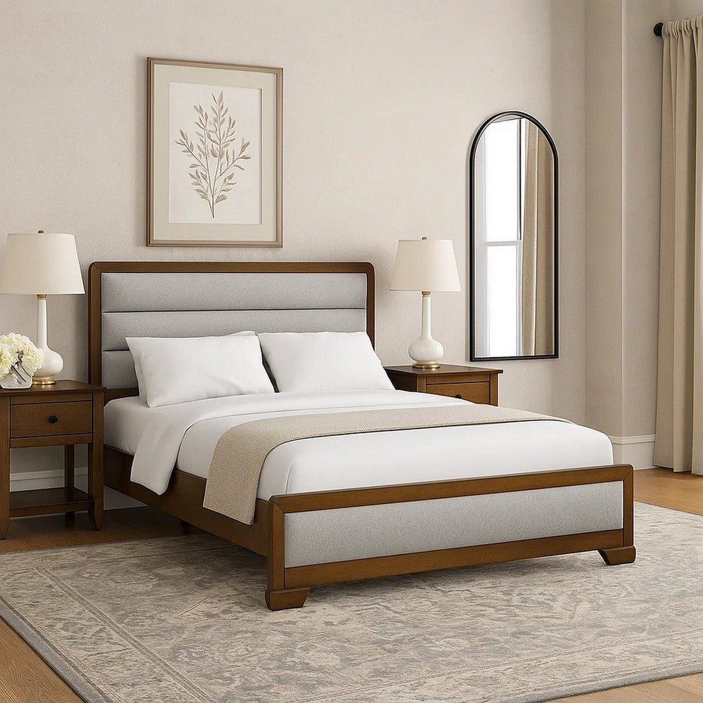 Benjara Cair Queen Bed, Channel Tufted Light Gray Fabric Upholstered, Brown
