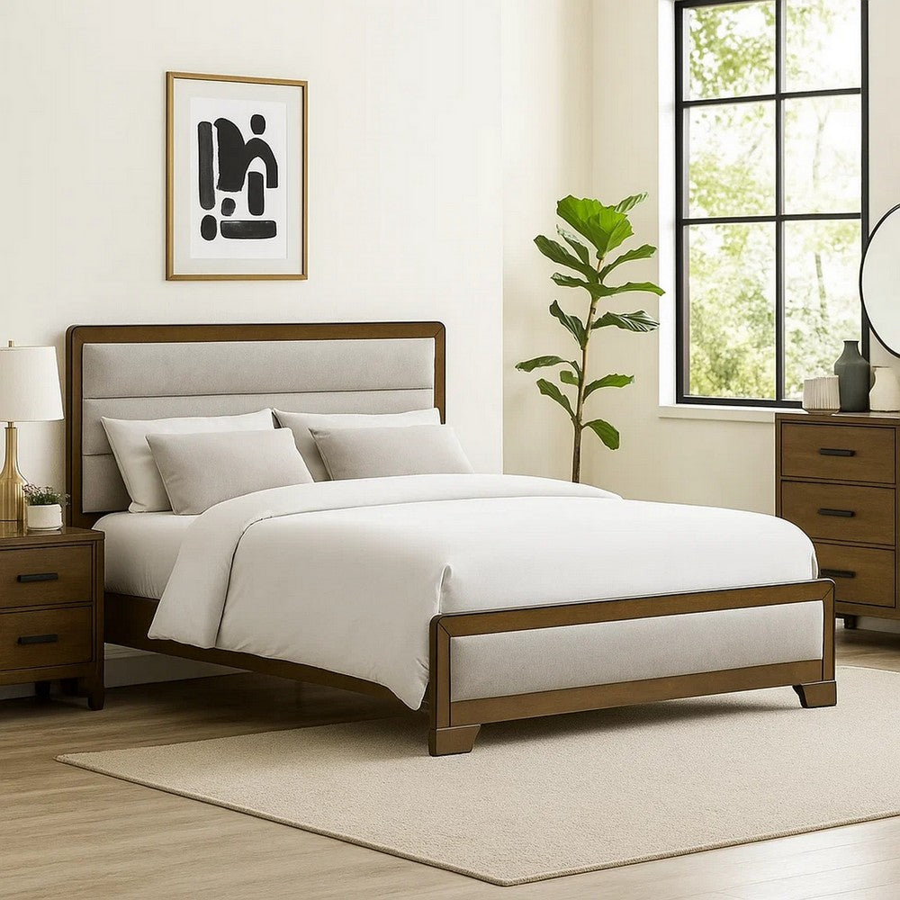 Benjara Cair Queen Bed, Channel Tufted Light Gray Fabric Upholstered, Brown