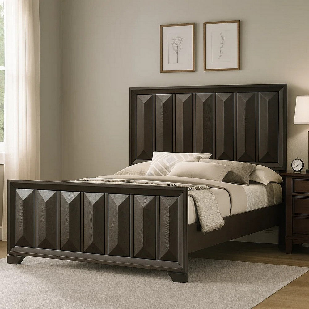 Benjara Fema King Bed, Vertical Facet Headboard And Footboard, Espresso Brown