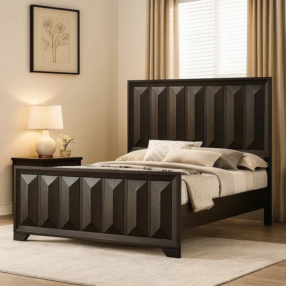 Benjara Fema King Bed, Vertical Facet Headboard And Footboard, Espresso Brown