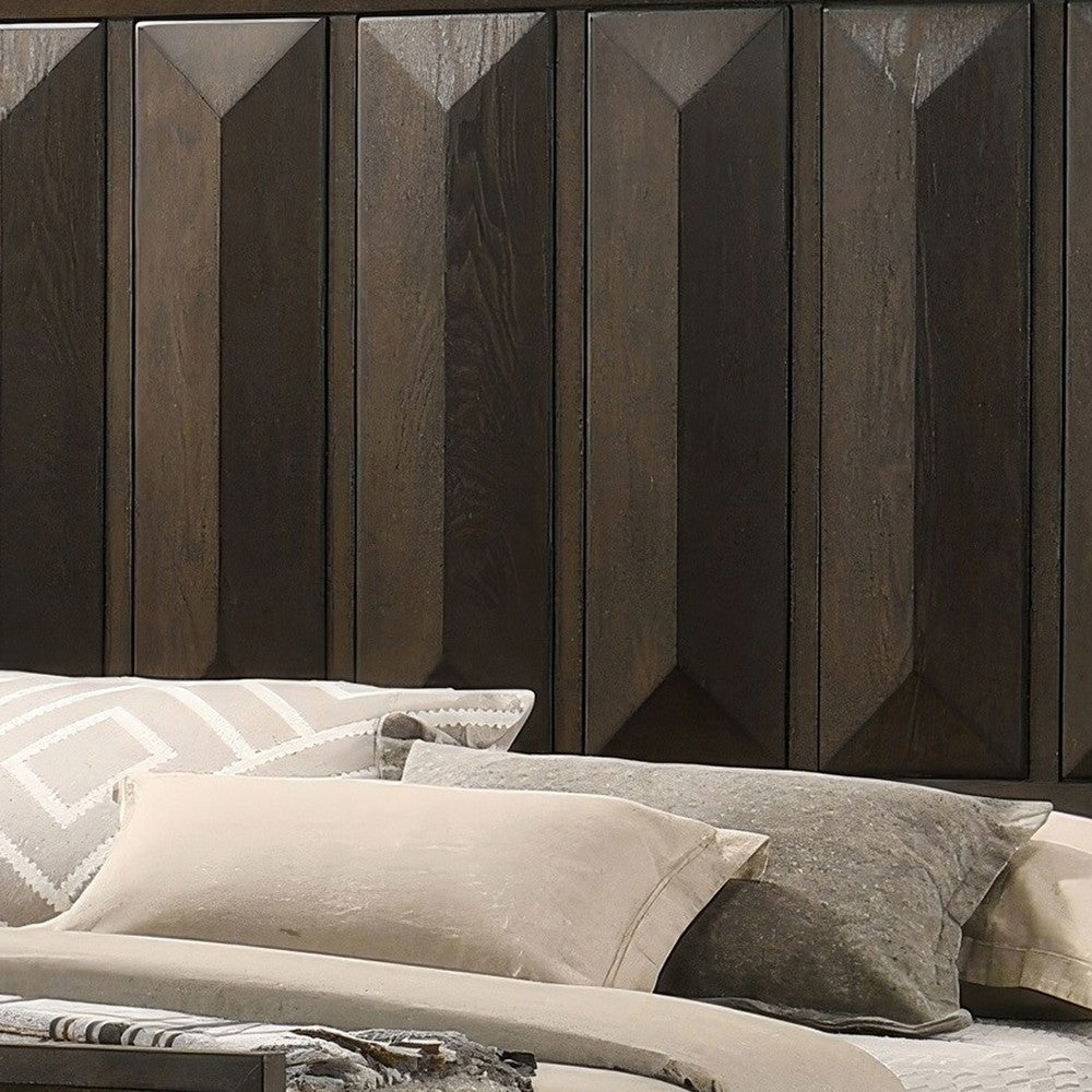 Benjara Fema Queen Bed, Vertical Facet Headboard And Footboard, Espresso Brown