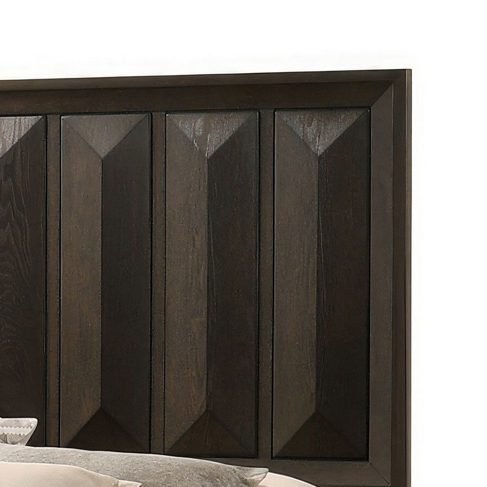 Benjara Fema Queen Bed, Vertical Facet Headboard And Footboard, Espresso Brown