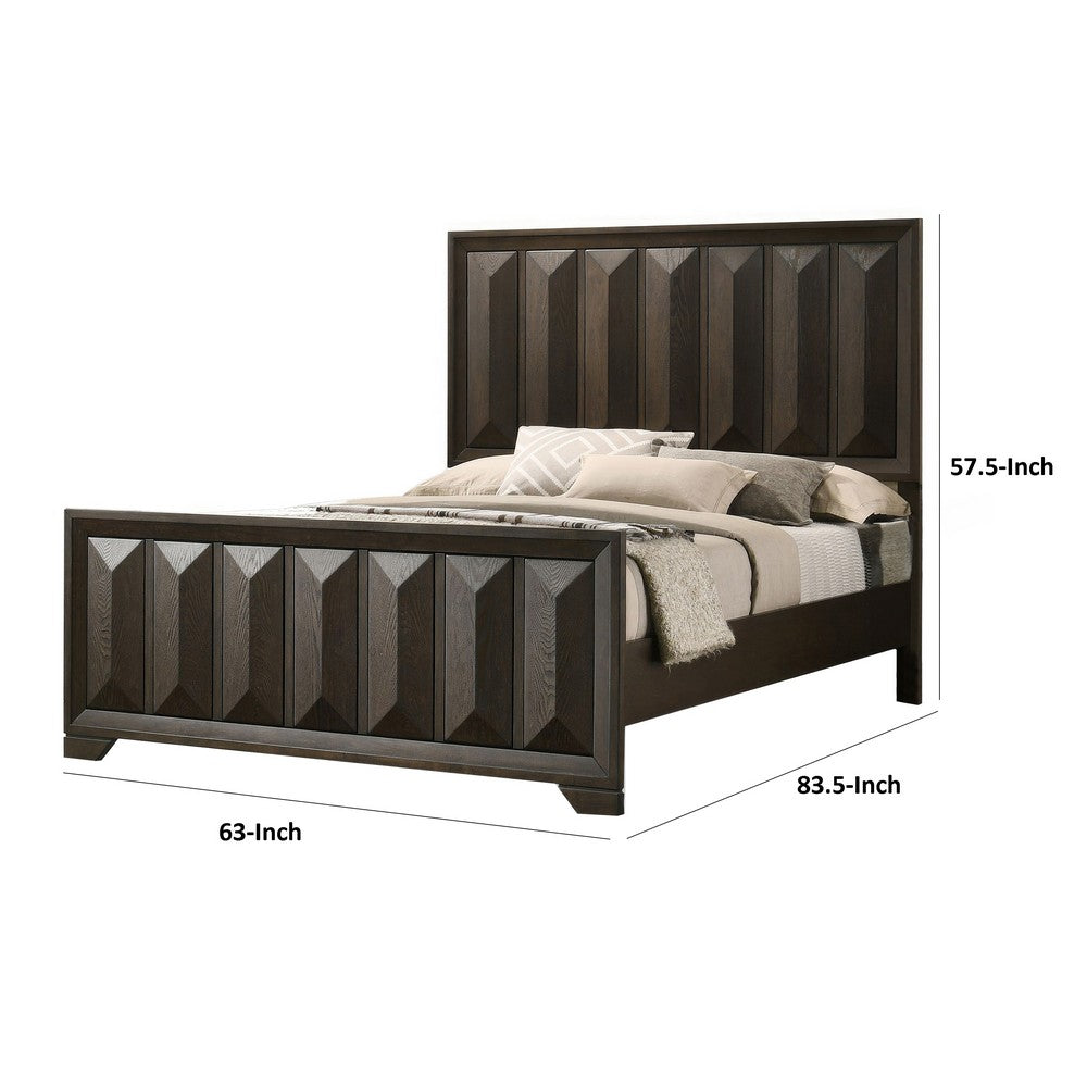 Benjara Fema Queen Bed, Vertical Facet Headboard And Footboard, Espresso Brown