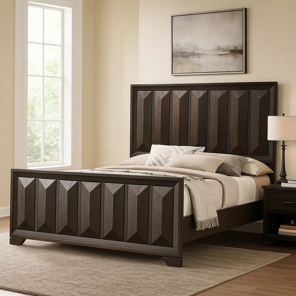Benjara Fema Queen Bed, Vertical Facet Headboard And Footboard, Espresso Brown
