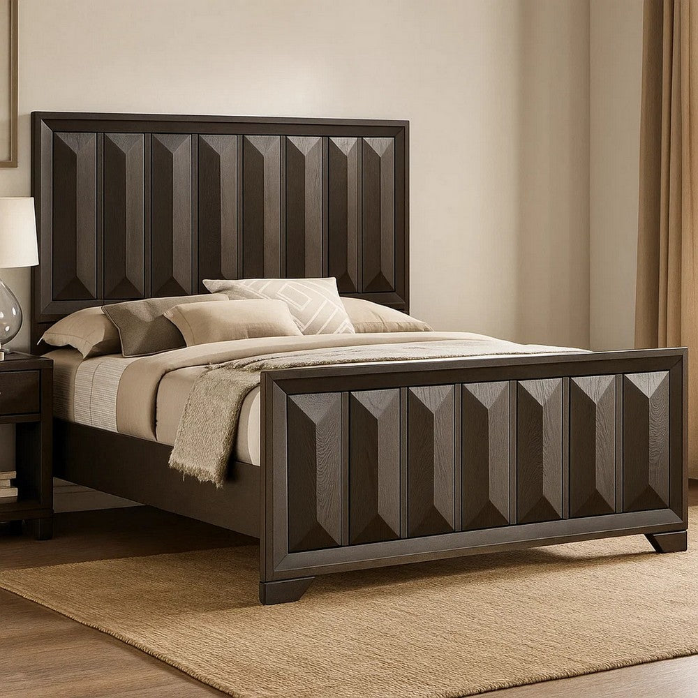 Benjara Fema Queen Bed, Vertical Facet Headboard And Footboard, Espresso Brown