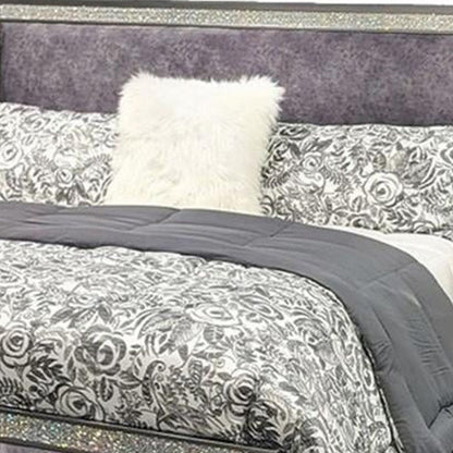 Benjara Laine Queen Bed, Glam Crystal Acrylic Trim, Gray Fabric Upholstered