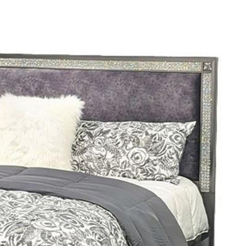 Benjara Laine Queen Bed, Glam Crystal Acrylic Trim, Gray Fabric Upholstered