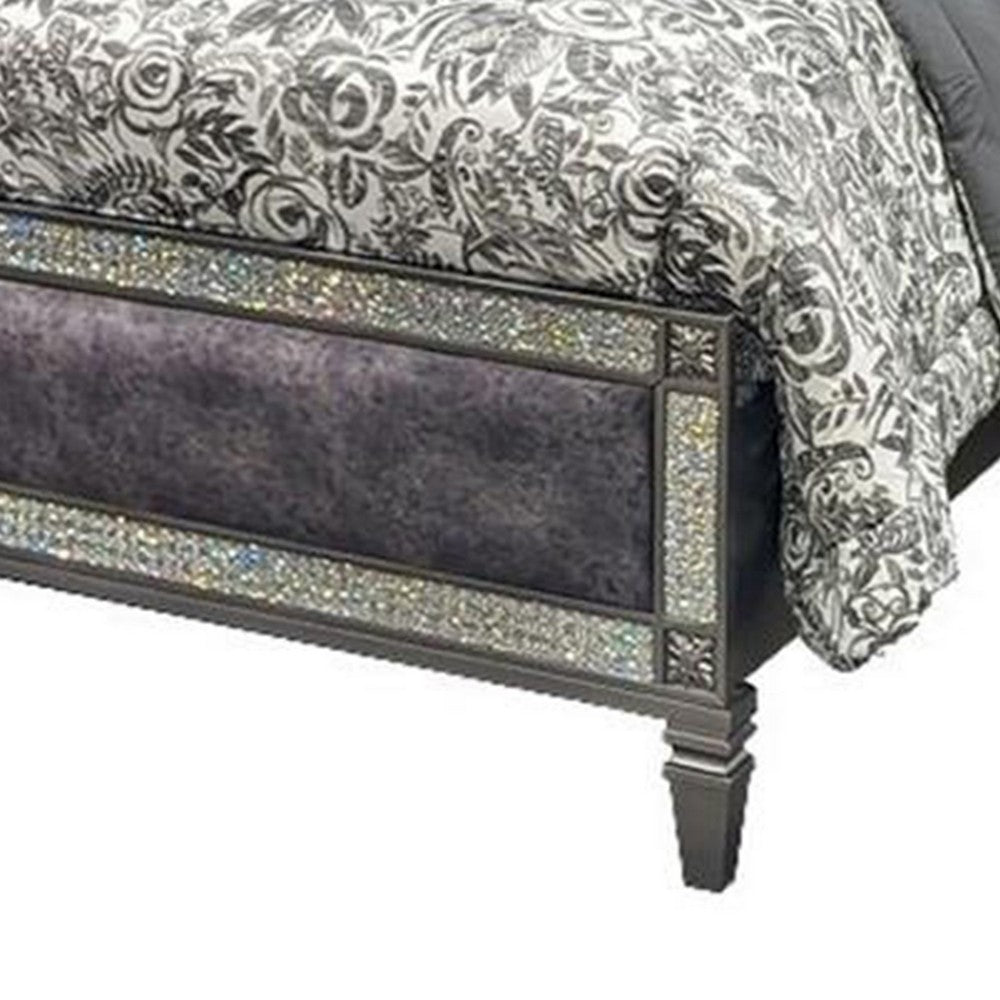 Benjara Laine Queen Bed, Glam Crystal Acrylic Trim, Gray Fabric Upholstered