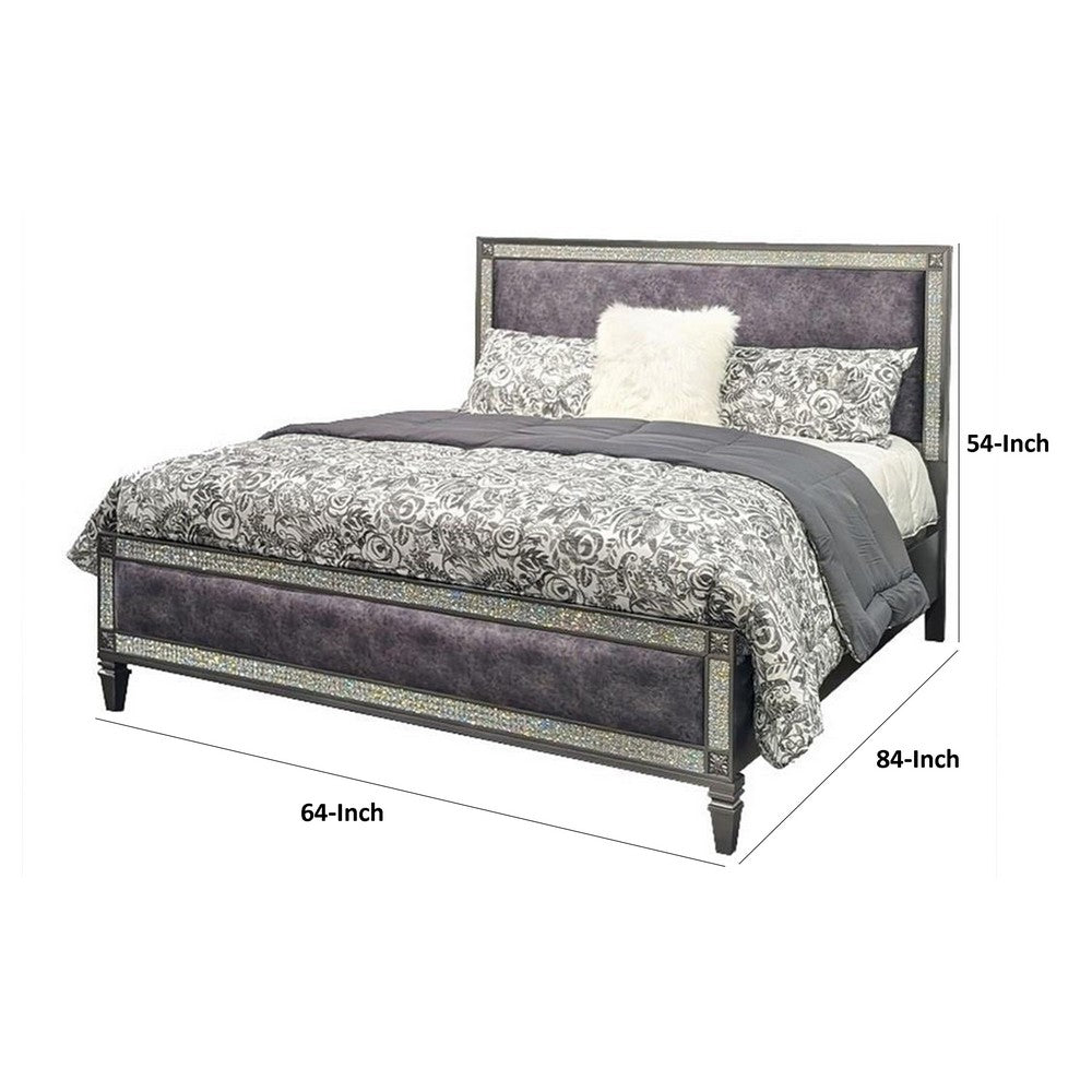 Benjara Laine Queen Bed, Glam Crystal Acrylic Trim, Gray Fabric Upholstered