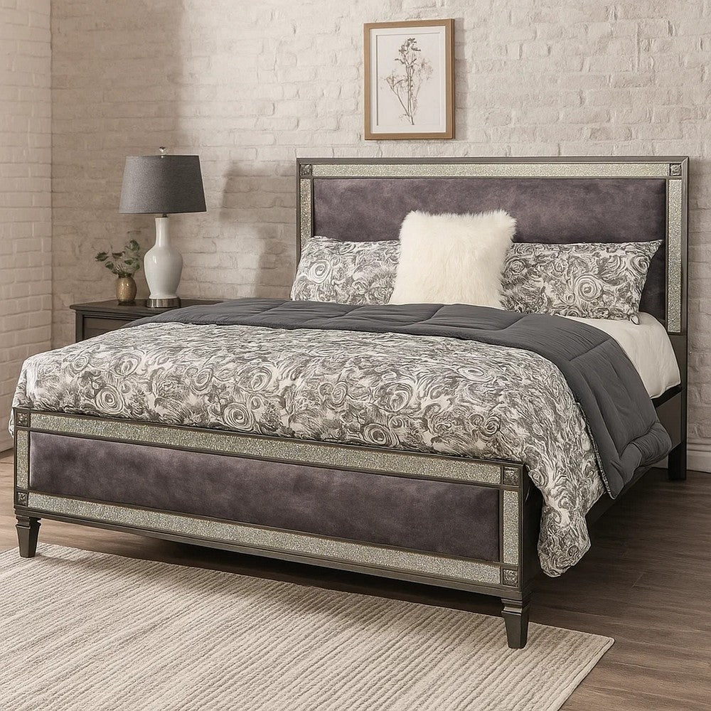 Benjara Laine Queen Bed, Glam Crystal Acrylic Trim, Gray Fabric Upholstered