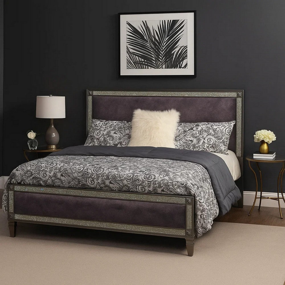 Benjara Laine Queen Bed, Glam Crystal Acrylic Trim, Gray Fabric Upholstered