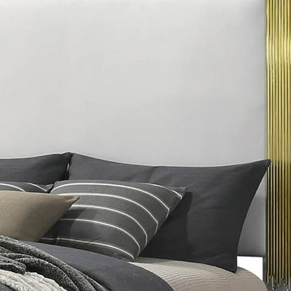 Benjara Dyl Queen Bed, Soft Foam Upholstered, White Fabric, Gold Accent Posts