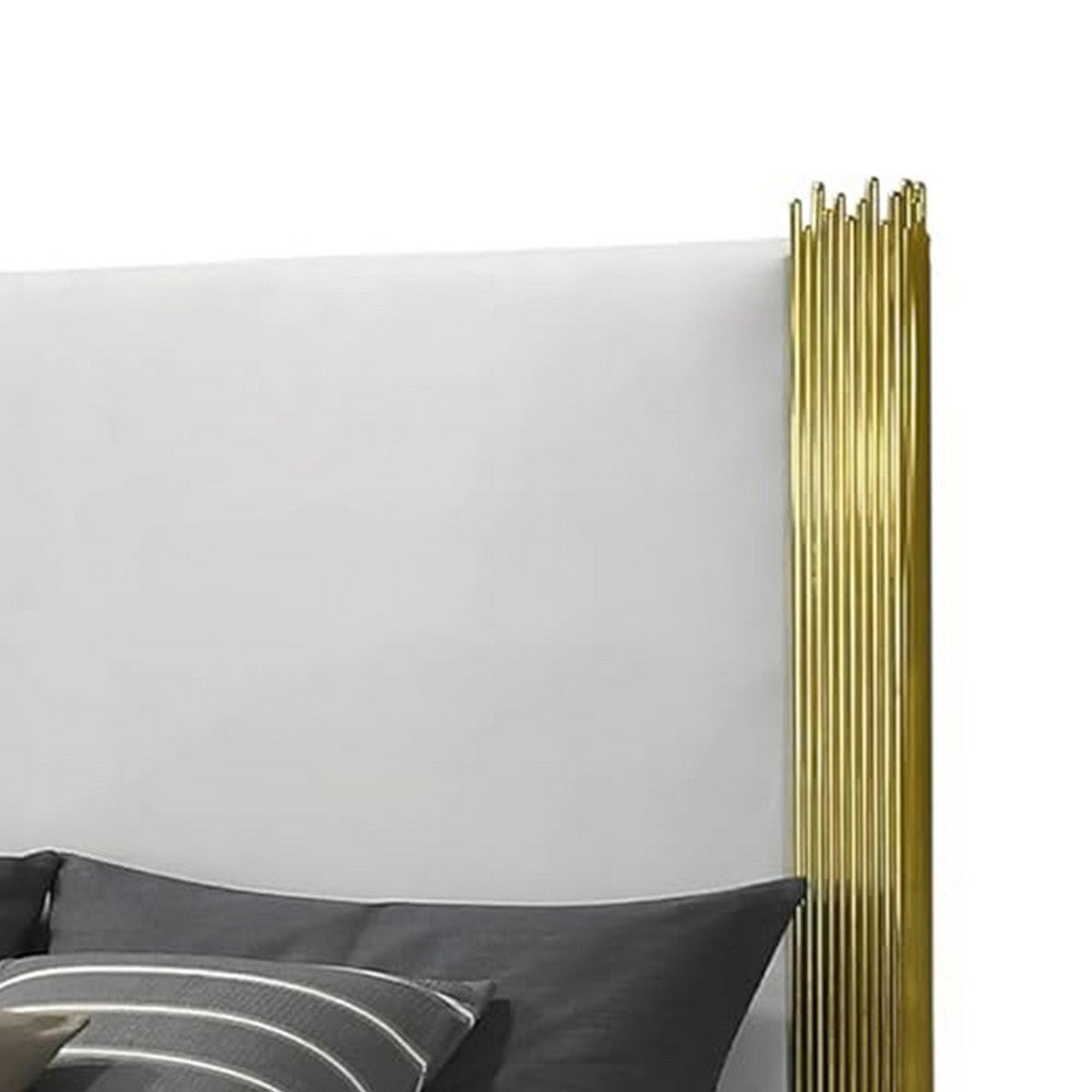 Benjara Dyl Queen Bed, Soft Foam Upholstered, White Fabric, Gold Accent Posts