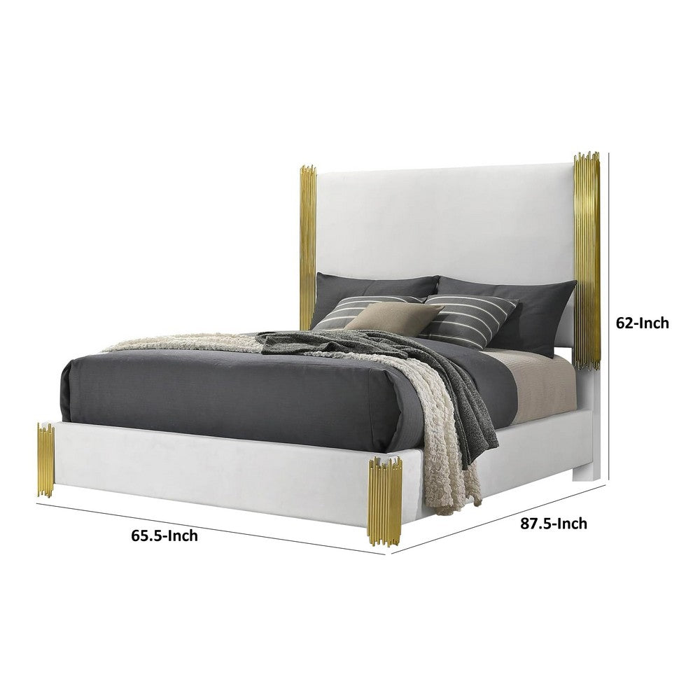 Benjara Dyl Queen Bed, Soft Foam Upholstered, White Fabric, Gold Accent Posts